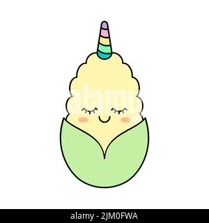 Kawaii-Maispun. Einhorn (Uni-Mais) lächelnd. Niedlicher Mais lächelt mit Regenbogenhorn. Komischer, entzückender Mais. Gemüsezeichentrickfigur. Vektor Stock Vektor