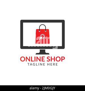 Ein Logo-Design für den Online-Shop, eine Tasche mit einem Cursor auf einem Computer Stock Vektor