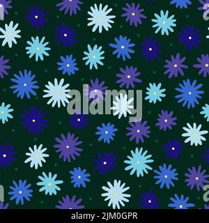 Nahtloses Vektormuster der Kamille. Handgezeichnete blaue Blüten mit gelben Zentren isoliert auf grünem Hintergrund. Botanisches Ornament. Niedliche Pflanze illustrative Stock Vektor