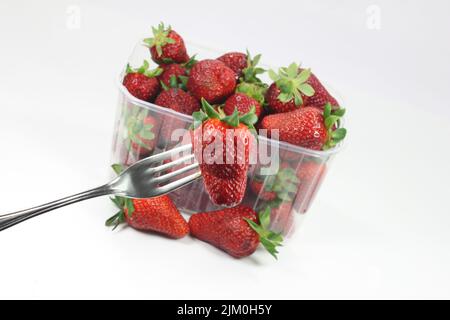 Frisch gepflückte große rote Erdbeeren in Tabletts Stockfoto
