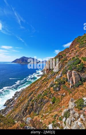 Foto der Küste vom Shapmans Peak. Ein Foto der Küste vom Shapmans Peak, in der Nähe der Hout Bay. In der Nähe von Kapstadt, Südafrika. Stockfoto