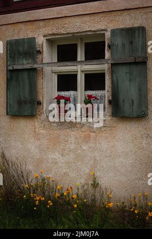 Eine vertikale Aufnahme eines ländlichen Hauses mit einem Fenster mit hölzernen Fensterläden und Töpfen mit roten Blumen Stockfoto