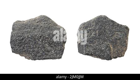 Zwei graue Steine als Felsstücke isoliert auf weißem Hintergrund Stockfoto