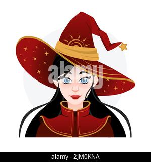 Ziemlich asiatische Stargazer Hexe Avatar für Werbung. Halloween Magier Mädchen in großen Hut mit Raum. Uraltes Kostüm Stock Vektor