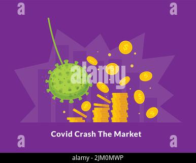 Eine Viruszelle stürzt in Goldmünzen mit der Überschrift „Covid Crash the Market“ Stock Vektor