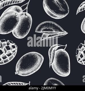 Früchte nahtlose Muster Hintergrund-Design. Gravierte Ausführung. Handgezeichnete Mango. Stock Vektor