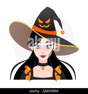 Asiatische halloween Magier Mädchen in großen Hut mit wütend Gesicht. Ziemlich lustige Hexe Avatar für Spiel und Werbung. Stock Vektor