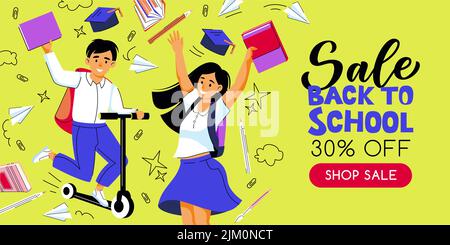 Zurück zur Schule Verkauf Banner oder Poster Design-Vorlage. Vektor flache Cartoon Kinder Illustration. Glücklich springen Mädchen mit Buch und Junge auf Kick Scooter. Stu Stock Vektor