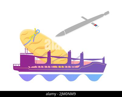 Kornblockade in der Ukraine. Angriff auf ein Schiff mit Getreide.Ukrainisches Brot. Laib Brot mit ukrainischem Band. Vektorgrafik Stock Vektor
