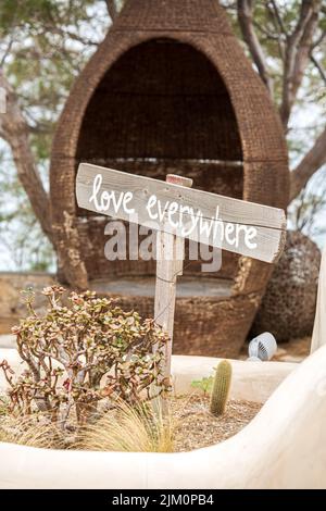 Eine vertikale Aufnahme eines hölzernen Schildes mit der Aufschrift „Liebe überall“ über dem Hintergrund eines Parks Stockfoto