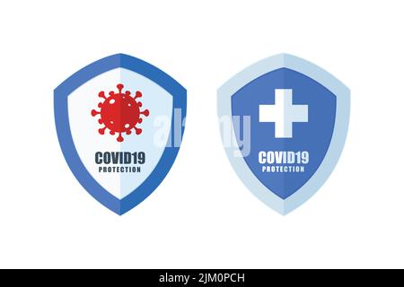 Ein Konzept von zwei Transparenten mit einer Viruszelle und einem Schild, beide mit der Beschriftung „COVID19 PROTECTION“ Stock Vektor
