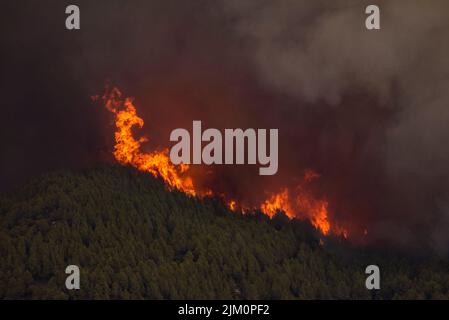 Waldbrand von El Pont de Vilomara am 17. Juli 2022, der 1.743 Hektar Vegetation verbrannte (Bages, Barcelona, Katalonien, Spanien) Stockfoto