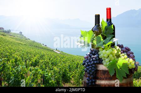 Rot- und Weißweinflaschen und Trauben auf Weinfass vor der Landschaft des Weinbergs. Sonniger Sommertag in der Nähe des Genfer Sees Stockfoto