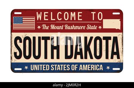 Willkommen bei South Dakota vintage rostigen Nummernschild auf weißem Hintergrund, Vektor-Illustration Stock Vektor