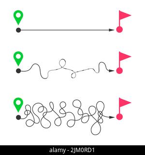 Gerade und gekrümmte Linien von den Anstecknadeln der Startkarte bis zu den Endmarkierungen. Schnelle und langsame Lieferung, einfacher und harter Weg, kurzer und langer Weg, ideales und schwieriges Leben, Ziel erreichen Ebenen. Vektorgrafik flach Stock Vektor