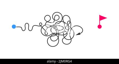 Chaotischer gekrümmter Pfad mit abgelenktem Pfeil vom Startpunkt bis zur Ziellinie. Gescheiterter Plan, unvollendete Herausforderung, gescheiterte Idee, kein Endweg-Konzept. Vektorgrafik flach Stock Vektor