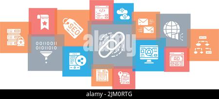 Banner mit SEO-Liniensymbolen. Bookmark, Hosting, Hyperlink, Werbung, Datentransfer-Werbedarstellung für E-Commerce-Banner. Stock Vektor