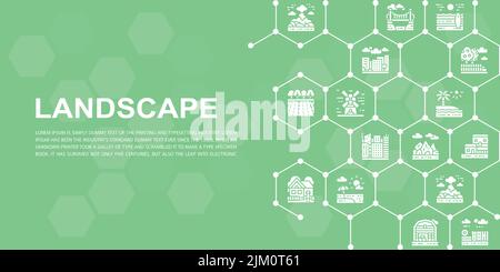 Designvorlage für Webseiten im Landscape-Format. Brücke, Wald, Garten, Vulkan, Windmühle Banner für Website-Header und Landing Page, Infografik. Stock Vektor