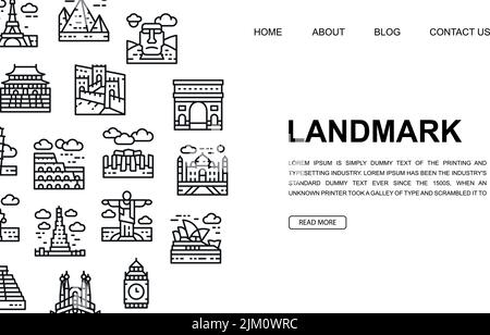 Landmark-Landing-Page-Vorlage im Linienstil. Ägypten, Italien, Großbritannien, Frankreich, Indien, USA Illustration Design Konzept für Web-Seite Design. Stock Vektor