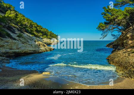 Cala della Pergola, eine der vielen kleinen Buchten der apulischen Küste im Nationalpark Gargano. Vieste, Provinz Foggia, Apulien, Italien, Europa Stockfoto