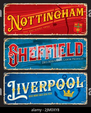 Nottingham, Sheffield, Liverpool, UK Reise-Aufkleber und Blechschilder, Vektor-Gepäckanhänger. England oder Großbritannien Städte vintage Aufkleber und Destination pl Stock Vektor