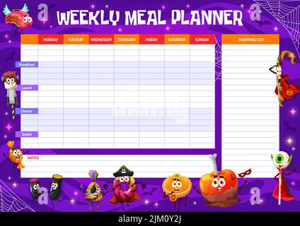 Wöchentliche Mahlzeit Planer, Cartoon Halloween Süßigkeiten Figuren. Vector Food-Plan oder Diät-Menü-Zeitplan für die Woche mit Lebensmitteln Liste Vorlage, niedlich Trick or tre Stock Vektor