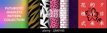 Cyberpunk Nahtloses Muster-Sammlungsset, Glitch-Effekt, Motherboard, integrierte Schaltung, Konturkarte, Dekoratives Mosaik aus der Zukunft. Stock Vektor