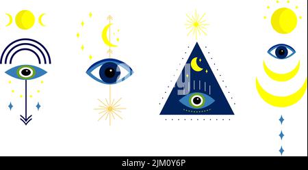 Set mystischer Illustrationen mit Augen, Mond und Sonne. Vektorzeichnung. Stock Vektor