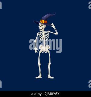 Cartoon gruselige Skelett Halloween-Charakter. Vektor-Persönlichkeit in Hexenhut. Lustige tote menschliche Knochen mit Totenkopf, isoliertes herbstliches Party-Maskottchen, gruselig Stock Vektor
