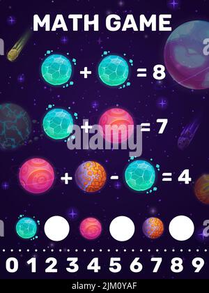 Math Spiel Zusatz Puzzle Arbeitsblatt. Cartoon Galaxie Weltraumplaneten und Kometen. Kinder Mathematik Puzzle, mathematische Rätsel oder Vektor-Quiz mit Fantasy-Kristalle Stock Vektor