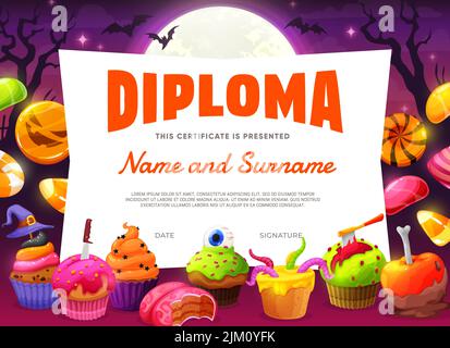 Halloween Kinder Diplom. Cartoon Bonbons, Kekse und Süßigkeiten. Gruselige Halloween-Leckereien auf Kinder Bildung Leistungszertifikat, Halloween-Party gruselig Stock Vektor