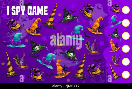Halloween spioniere ich Spiel, finden Sie zwei gleiche Hexe und Zauberer Hüte, Vektor-Cartoon Kinder Puzzle. Ich spioniere Rätsel Spiel Arbeitsblatt zu finden und passen Halloween Hexe h Stock Vektor