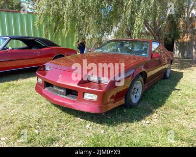 Chascomus, Argentinien - 9. Apr 2022: Old Red Sport Chevrolet Camaro Coupé Dritte Generation 1982 - 1992 von GM auf dem Rasen geparkt. Klassisches Muscle Car. Stockfoto