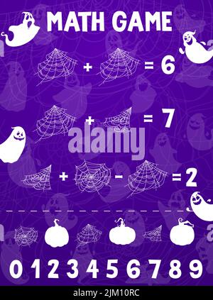 Halloween Mathe Spiel Arbeitsblatt. Cartoon Spinnennetz und Spinnennetz, Geister Silhouetten. Kinder pädagogische Puzzle-Spiel, mathematische Rätsel mit Zusatz und su Stock Vektor