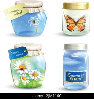 Realistisches Glas Set mit Sommerblumen Himmel und Schmetterling Innerhalb isolierter Vektordarstellung Stock Vektor