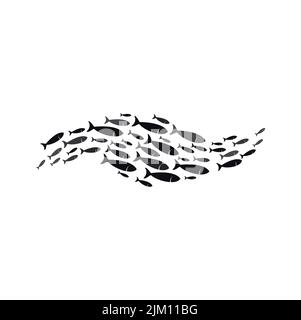 Silhouette einer Gruppe von Meeresfischen, isolierten Schwarm und Fischschule Ikone. Vector Schule der Fische schwimmen, Shoaling und Schulen im Meer oder Meer Stock Vektor