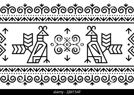 Slowakische Stammes-Volkskunst Vektor nahtlose geometrische lange horizontale Muster mit Bräte Wirbel, und geometrische Formen inspiriert von traditionellen gemalten Kunst f Stock Vektor