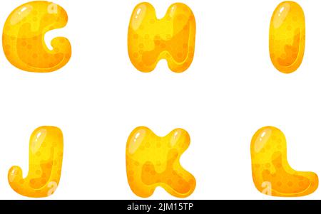 Honigsüße Schrift. Flüssiger Honig Cartoon Alphabet, Gelbe Wabenvektor Schriftart. Stock Vektor