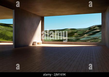 Zimmer mit Bank und großem Fenster mit wunderschönem Blick auf den grünen Hügel. 3D Rendern Stockfoto