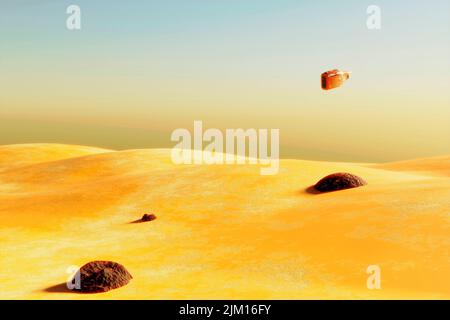 Surreale Wüstenlandschaft mit Raumschiff fliegen über Land modernen minimal abstrakten Hintergrund. 3D Abbildung Stockfoto