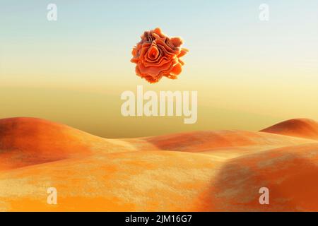 Surreale Wüstenlandschaft mit weißer, heller Form, die über der Wüste schwebt. Moderner minimaler abstrakter Hintergrund. 3D Abbildung Stockfoto