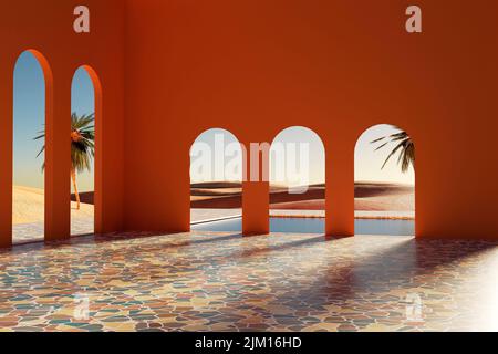 Meerwasserpool inmitten einer sandigen Wüste. Ruhen Sie sich in einer Oase aus. Wüstenlandschaft bei Sonnenuntergang mit Swimmingpool. 3D Abbildung. Stockfoto