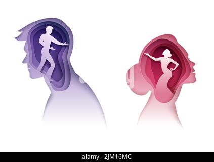 Familienpsychologie Konzept. Frau und Mann Psychotherapie Praxis Papier schneiden Vektor. 3D Plakat mit Origami-Männchen und -Weibchen mit menschlicher Figur sil Stock Vektor