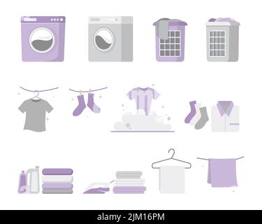 Wäschesymbole, Kleidung, Waschmaschine, Trockner, Bügeleisen, Vektor-Illustration für Kleiderbügel und Wäschekorb. Stock Vektor