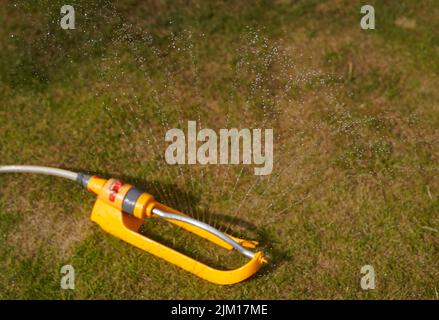 Ein Sprinkler bewässert einen Rasen in Basingstoke, Hampshire. Das erste Schlauchleitungsverbot des Jahres beginnt am Freitag in Hampshire und der Isle of Wight. Die Maßnahmen zur Eindämmung des Wasseraufwandes kommen, nachdem England von November 2021 bis Juli seit 1976 den trockensten acht-Monats-Zeitraum erlebt hat, als ein Großteil des Landes unter extremer Dürre zu kämpfen hatte. Bilddatum: Donnerstag, 4. August 2022. Stockfoto