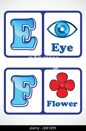 Alphabet-Karteikarten für Kinder. Pädagogische Vorschule Lernen ABC-Karte mit einem Element. Stock Vektor