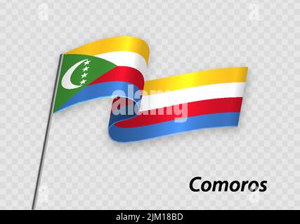 Schwenkende Flagge der Komoren auf Fahnenmast. Vorlage für den Unabhängigkeitstag Stock Vektor
