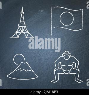 Japan traditionelle Symbole Kreidetafel Icon Set. Japanische Nationalflagge, Berg Fuji, tokyo Tower und Sumo-Kämpfer. Vektorgrafik. Stock Vektor