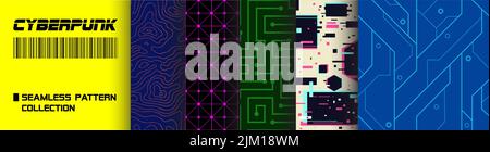 Cyberpunk Nahtloses Muster-Sammlungsset, Glitch-Effekt, Motherboard, integrierte Schaltung, Konturkarte, Dekoratives Mosaik aus der Zukunft. Stock Vektor