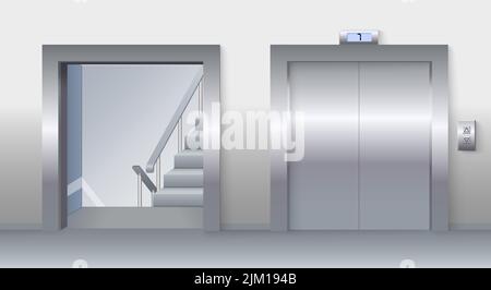 Die Lifttür und die Treppen in der Lobby sind realistisch. Aufzug mit geschlossenen Metalltoren und offener Tür zur oberen Abbildung. Innenarchitektur der Halle Stock Vektor